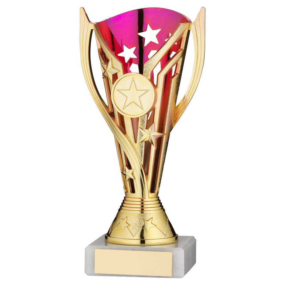 GOLD/PURPLE PLASTIC 'FLASH' CUP ASSEMBLED ON MARBLE (1in CEN) - 7in - Optimum Teamwear