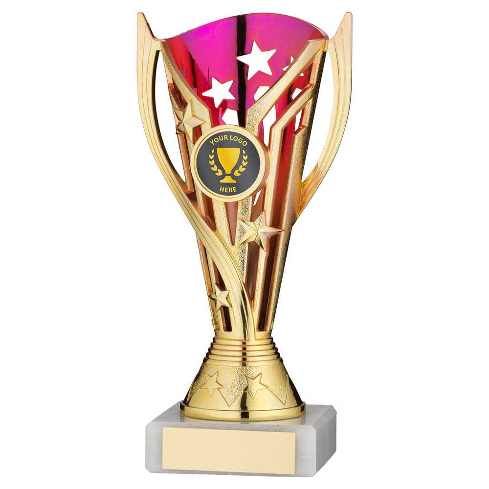 GOLD/PURPLE PLASTIC 'FLASH' CUP ASSEMBLED ON MARBLE (1in CEN) - 7in - Optimum Teamwear