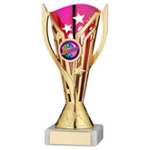 GOLD/PURPLE PLASTIC 'FLASH' CUP ASSEMBLED ON MARBLE (1in CEN) - 7in - Optimum Teamwear