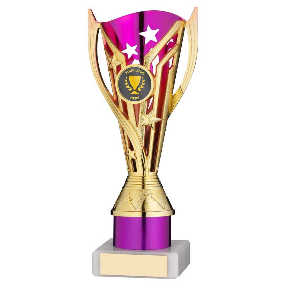 GOLD/PURPLE PLASTIC 'FLASH' CUP ASSEMBLED ON MARBLE (1in CEN) - 8in - Optimum Teamwear