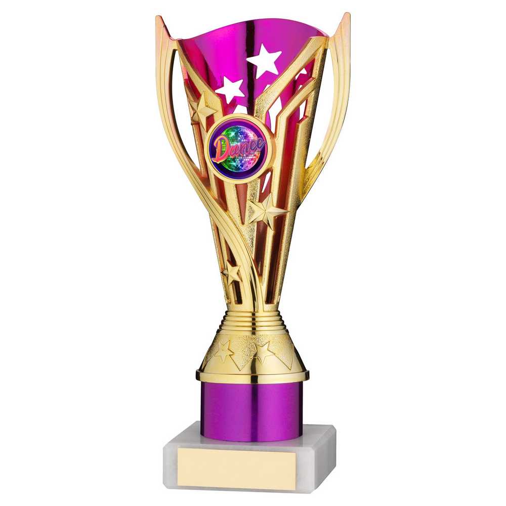 GOLD/PURPLE PLASTIC 'FLASH' CUP ASSEMBLED ON MARBLE (1in CEN) - 8in - Optimum Teamwear