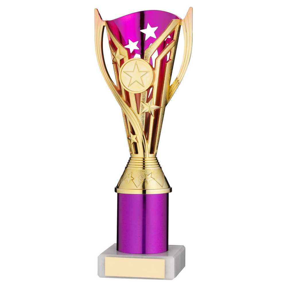 GOLD/PURPLE PLASTIC 'FLASH' CUP ASSEMBLED ON MARBLE (1in CEN) - 9in - Optimum Teamwear