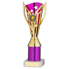 GOLD/PURPLE PLASTIC 'FLASH' CUP ASSEMBLED ON MARBLE (1in CEN) - 9in