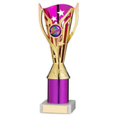 GOLD/PURPLE PLASTIC 'FLASH' CUP ASSEMBLED ON MARBLE (1in CEN) - 9in - Optimum Teamwear