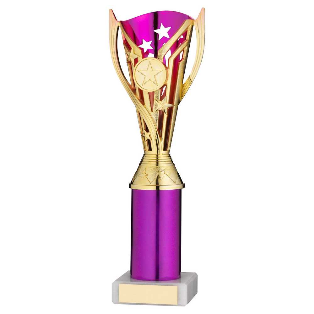 GOLD/PURPLE PLASTIC 'FLASH' CUP ASSEMBLED ON MARBLE (1in CEN) - 10in - Optimum Teamwear