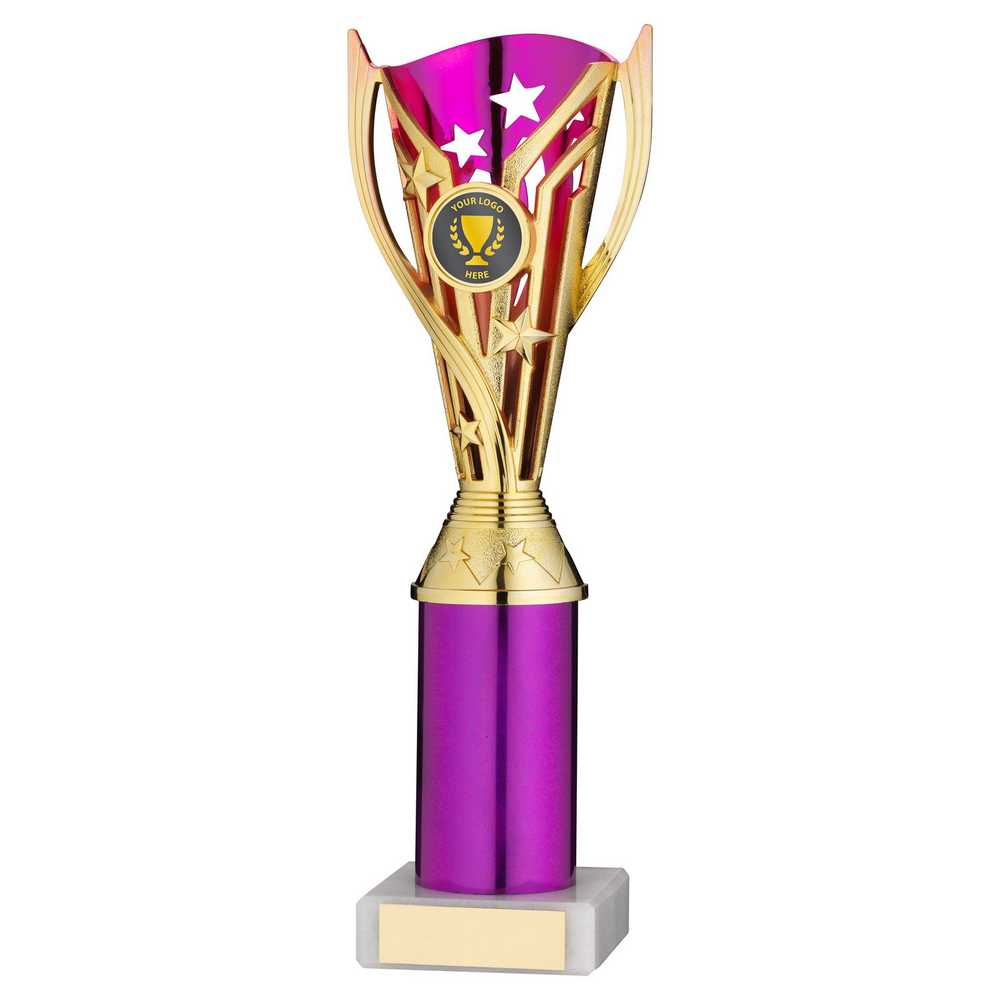GOLD/PURPLE PLASTIC 'FLASH' CUP ASSEMBLED ON MARBLE (1in CEN) - 10in - Optimum Teamwear