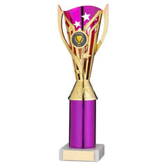 GOLD/PURPLE PLASTIC 'FLASH' CUP ASSEMBLED ON MARBLE (1in CEN) - 10in