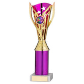 GOLD/PURPLE PLASTIC 'FLASH' CUP ASSEMBLED ON MARBLE (1in CEN) - 10in - Optimum Teamwear