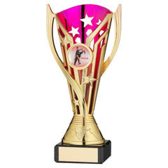 GOLD/PURPLE PLASTIC 'FLASH' CUP ON BLK MARBLE ASSEMBLED TROPHY (1" CEN) - 6.75in