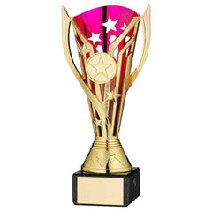 GOLD/PURPLE PLASTIC 'FLASH' CUP ON BLK MARBLE ASSEMBLED TROPHY (1" CEN) - 7.25in