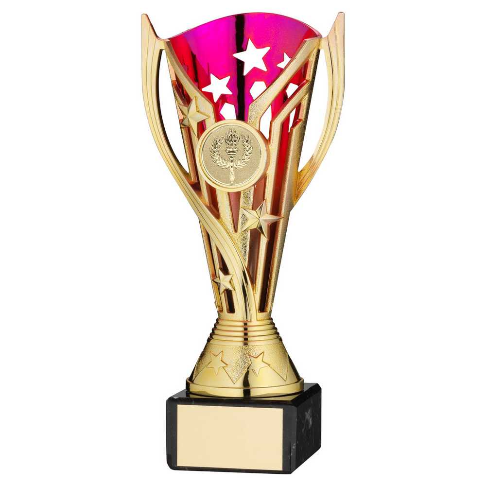 GOLD/PURPLE PLASTIC 'FLASH' CUP ON BLK MARBLE ASSEMBLED TROPHY (1" CEN) - 7.25in - Optimum Teamwear