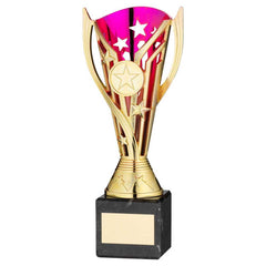 GOLD/PURPLE PLASTIC 'FLASH' CUP ON BLK MARBLE ASSEMBLED TROPHY (1" CEN) - 8in