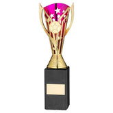 GOLD/PURPLE PLASTIC 'FLASH' CUP ON BLK MARBLE ASSEMBLED TROPHY (1" CEN) - 10in - Optimum Teamwear