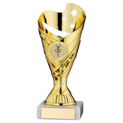 GOLD/RED PLASTIC 'SABRE' CUP ASSEMBLED ON MARBLE (1in CEN) - 7in - Optimum Teamwear