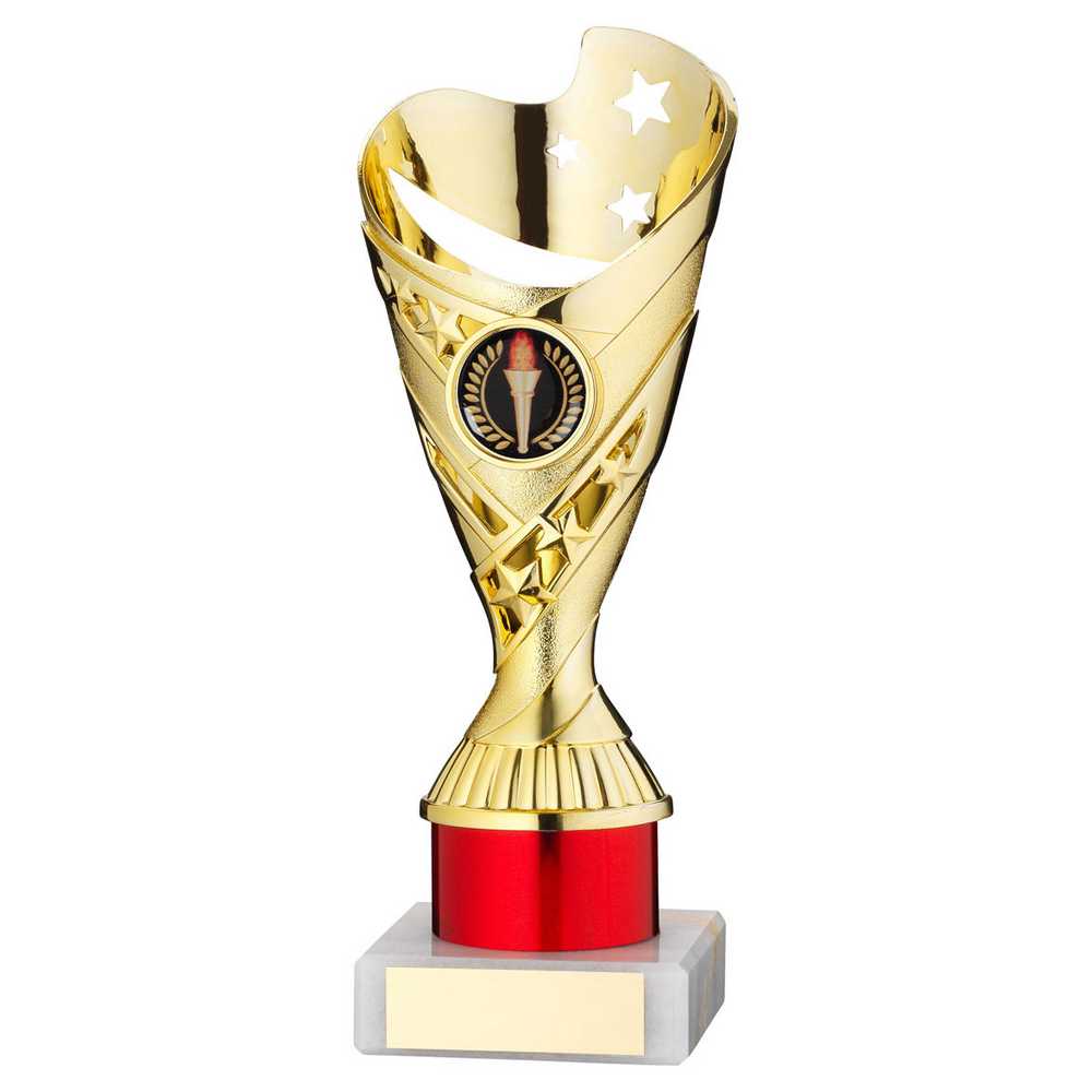 GOLD/RED PLASTIC 'SABRE' CUP ASSEMBLED ON MARBLE (1in CEN) - 8in - Optimum Teamwear