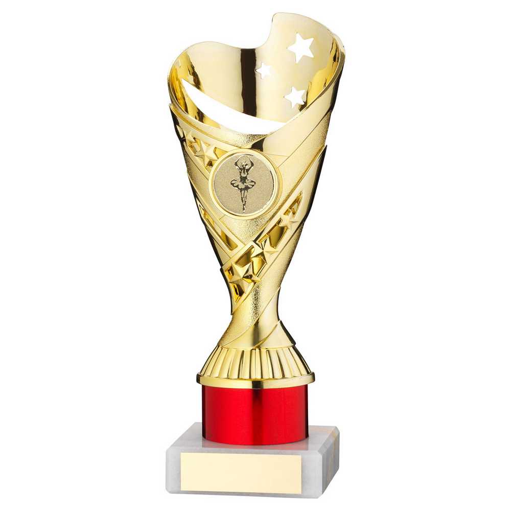 GOLD/RED PLASTIC 'SABRE' CUP ASSEMBLED ON MARBLE (1in CEN) - 8in - Optimum Teamwear