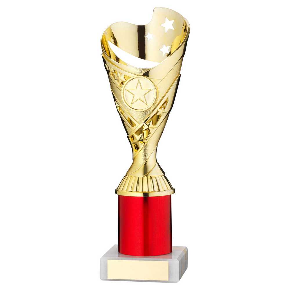 GOLD/RED PLASTIC 'SABRE' CUP ASSEMBLED ON MARBLE (1in CEN) - 9in - Optimum Teamwear