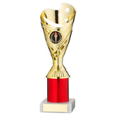 GOLD/RED PLASTIC 'SABRE' CUP ASSEMBLED ON MARBLE (1in CEN) - 9in - Optimum Teamwear