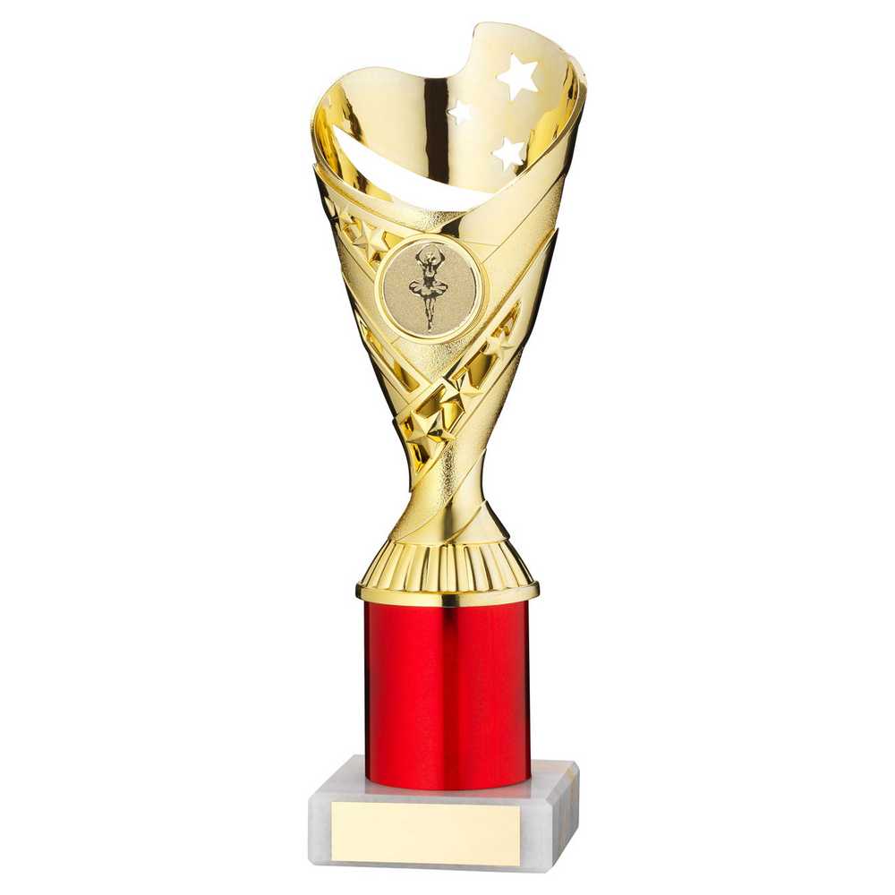 GOLD/RED PLASTIC 'SABRE' CUP ASSEMBLED ON MARBLE (1in CEN) - 9in - Optimum Teamwear