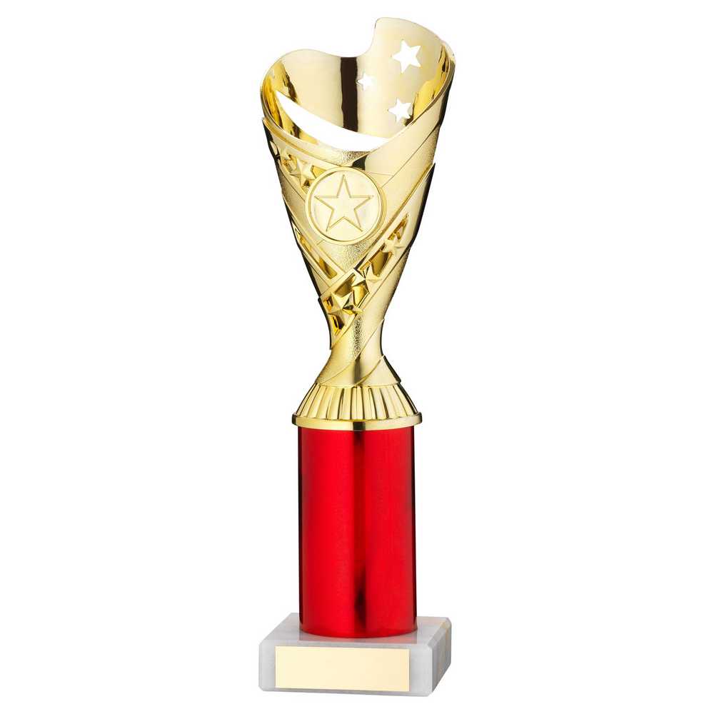 GOLD/RED PLASTIC 'SABRE' CUP ASSEMBLED ON MARBLE (1in CEN) - 10in - Optimum Teamwear