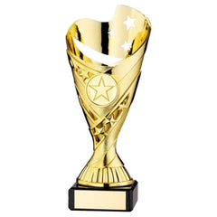 GOLD PLASTIC 'SABRE' CUP ON BLACK MARBLE ASSEMBLED TROPHY (1" CEN) - 6.75in
