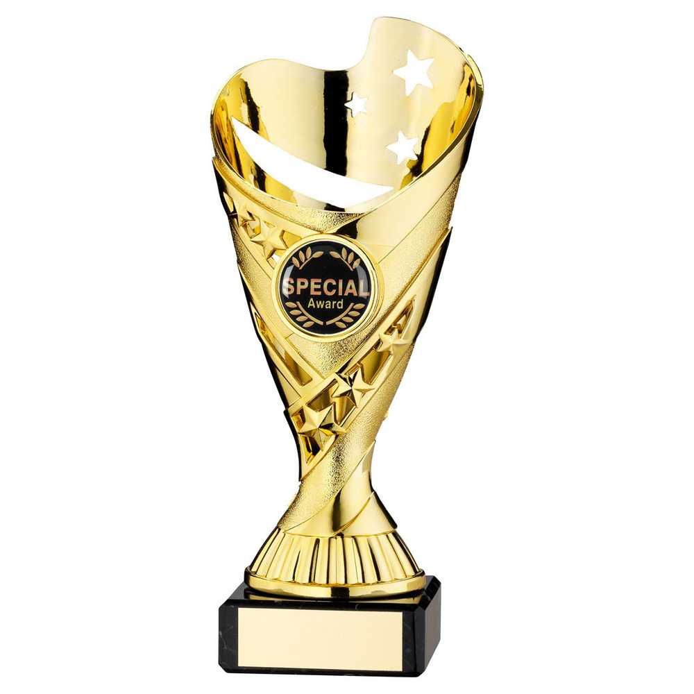 GOLD PLASTIC 'SABRE' CUP ON BLACK MARBLE ASSEMBLED TROPHY (1" CEN) - 6.75in - Optimum Teamwear