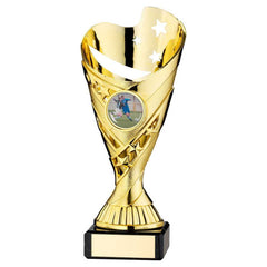 GOLD PLASTIC 'SABRE' CUP ON BLACK MARBLE ASSEMBLED TROPHY (1" CEN) - 6.75in