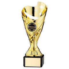 GOLD PLASTIC 'SABRE' CUP ON BLACK MARBLE ASSEMBLED TROPHY (1" CEN) - 7.25in