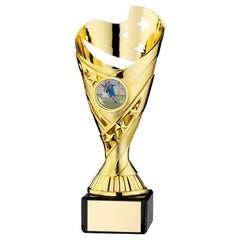 GOLD PLASTIC 'SABRE' CUP ON BLACK MARBLE ASSEMBLED TROPHY (1" CEN) - 7.25in