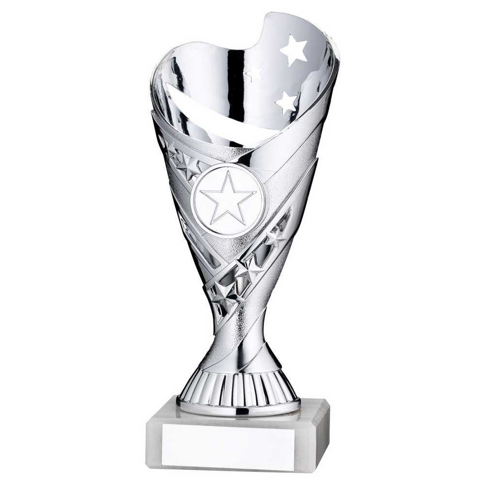 SILVER/PURPLE PLASTIC 'SABRE' CUP ASSEMBLED ON MARBLE (1in CEN) - 7in - Optimum Teamwear