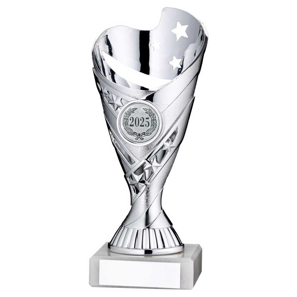 SILVER/PURPLE PLASTIC 'SABRE' CUP ASSEMBLED ON MARBLE (1in CEN) - 7in - Optimum Teamwear