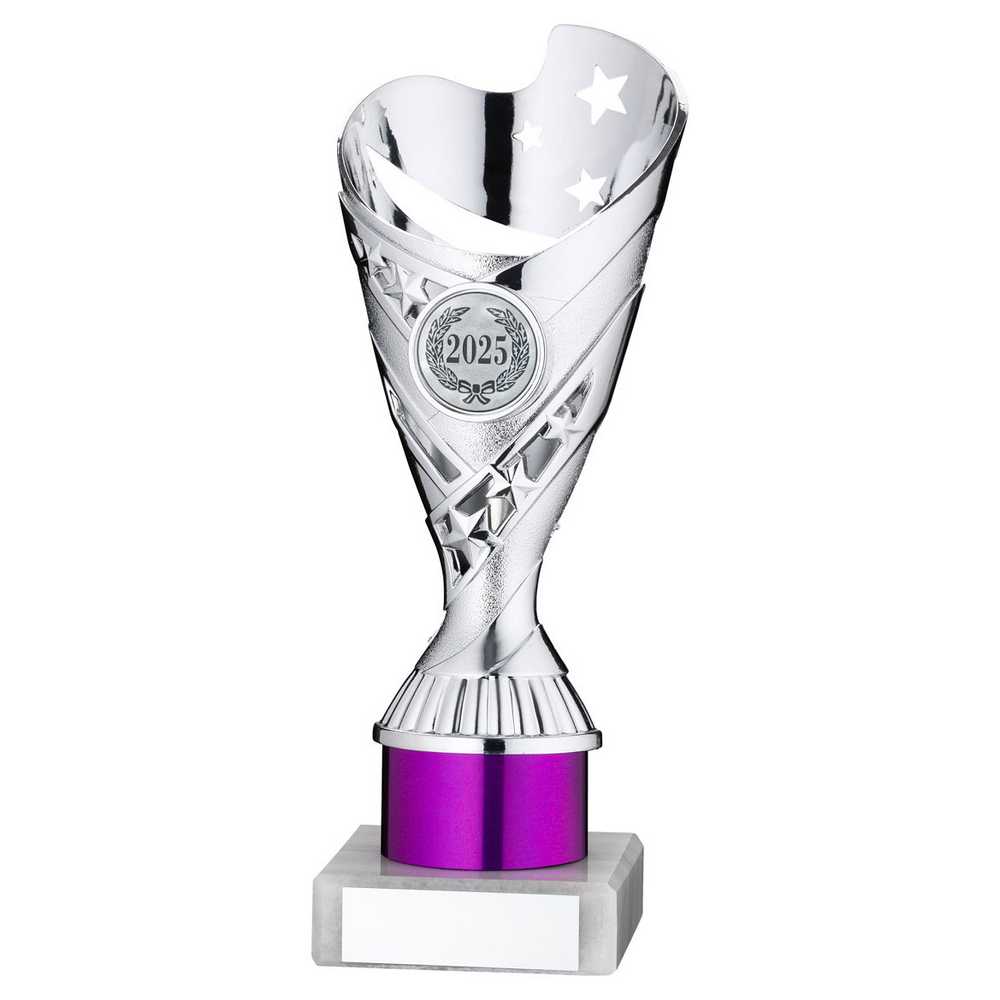 SILVER/PURPLE PLASTIC 'SABRE' CUP ASSEMBLED ON MARBLE (1in CEN) - 8in - Optimum Teamwear