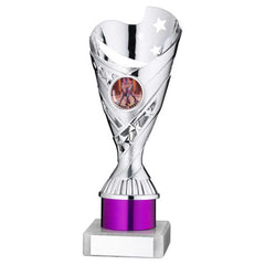 SILVER/PURPLE PLASTIC 'SABRE' CUP ASSEMBLED ON MARBLE (1in CEN) - 8in