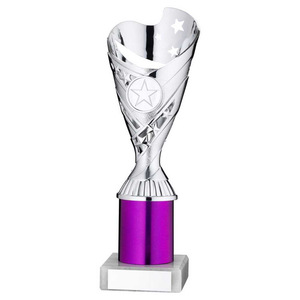 SILVER/PURPLE PLASTIC 'SABRE' CUP ASSEMBLED ON MARBLE (1in CEN) - 9in - Optimum Teamwear