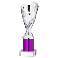 SILVER/PURPLE PLASTIC 'SABRE' CUP ASSEMBLED ON MARBLE (1in CEN) - 9in