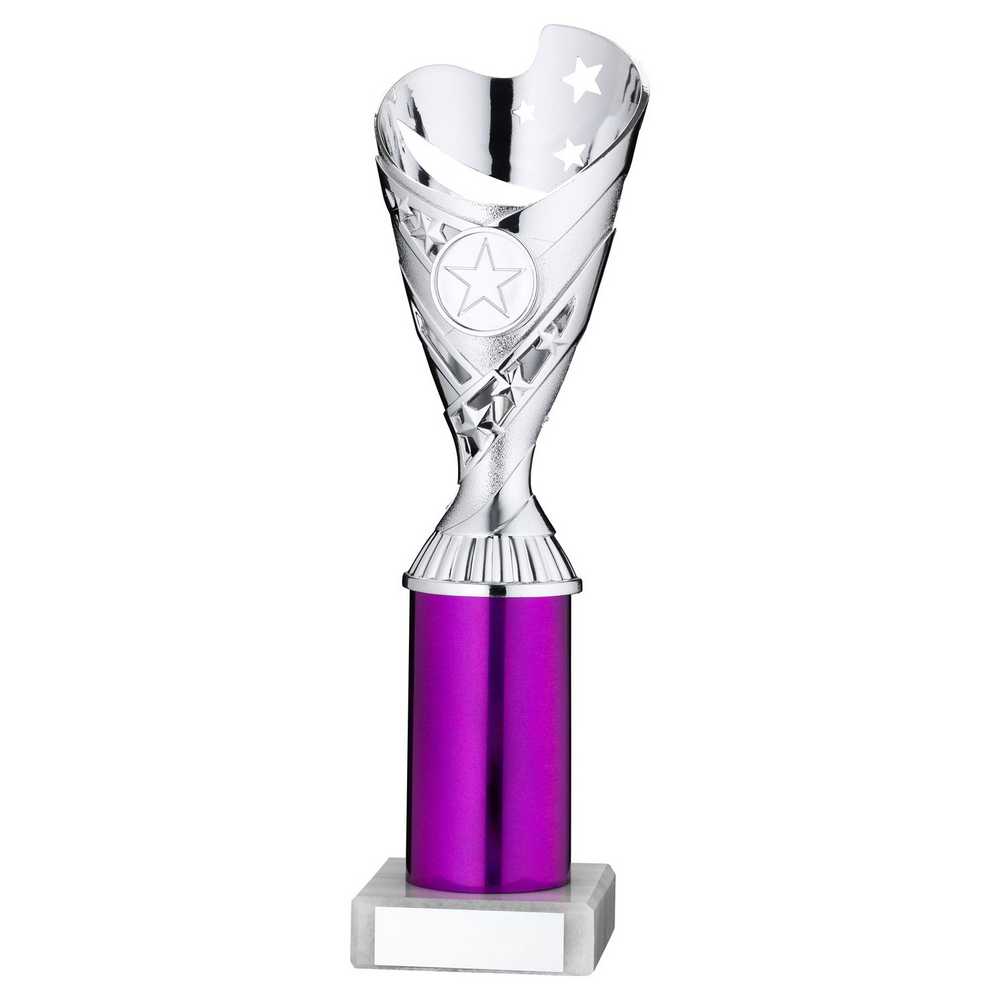 SILVER/PURPLE PLASTIC 'SABRE' CUP ASSEMBLED ON MARBLE (1in CEN) - 10in - Optimum Teamwear