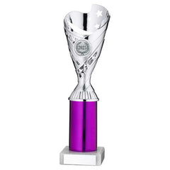 SILVER/PURPLE PLASTIC 'SABRE' CUP ASSEMBLED ON MARBLE (1in CEN) - 10in