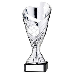 SILVER PLASTIC 'SABRE' CUP ON BLACK MARBLE ASSEMBLED TROPHY (1" CEN) - 6.75in