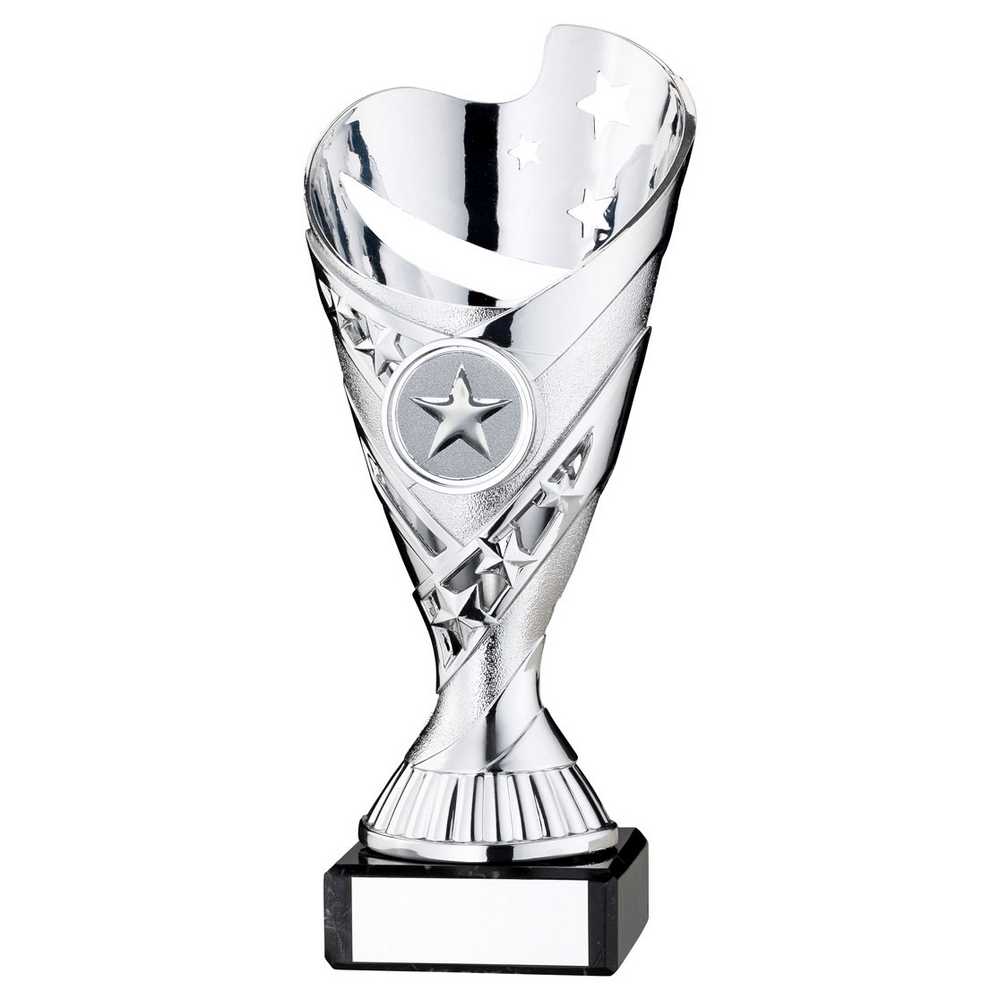 SILVER PLASTIC 'SABRE' CUP ON BLACK MARBLE ASSEMBLED TROPHY (1" CEN) - 6.75in - Optimum Teamwear