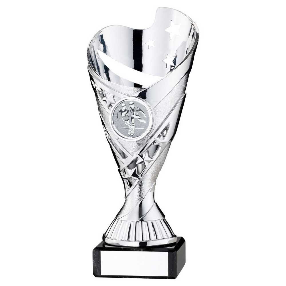 SILVER PLASTIC 'SABRE' CUP ON BLACK MARBLE ASSEMBLED TROPHY (1" CEN) - 6.75in - Optimum Teamwear