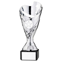 SILVER PLASTIC 'SABRE' CUP ON BLACK MARBLE ASSEMBLED TROPHY (1" CEN) - 7.25in