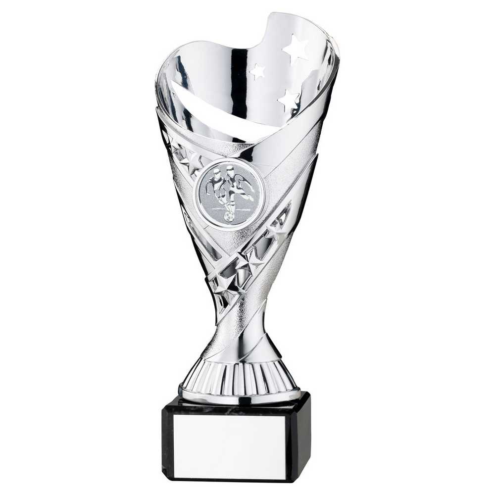 SILVER PLASTIC 'SABRE' CUP ON BLACK MARBLE ASSEMBLED TROPHY (1" CEN) - 7.25in - Optimum Teamwear