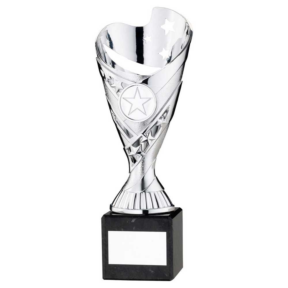 SILVER PLASTIC 'SABRE' CUP ON BLACK MARBLE ASSEMBLED TROPHY (1" CEN) - 8in - Optimum Teamwear
