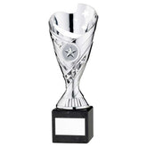 SILVER PLASTIC 'SABRE' CUP ON BLACK MARBLE ASSEMBLED TROPHY (1" CEN) - 8in - Optimum Teamwear