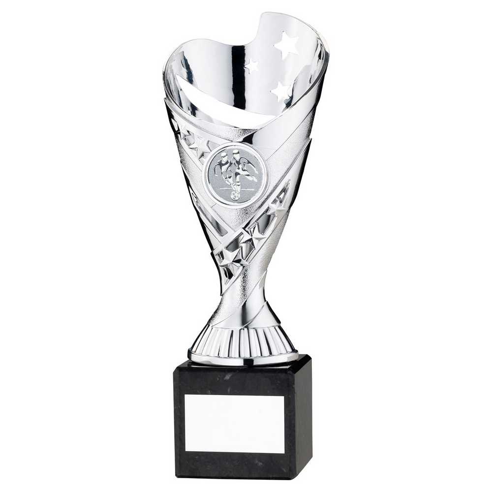 SILVER PLASTIC 'SABRE' CUP ON BLACK MARBLE ASSEMBLED TROPHY (1" CEN) - 8in - Optimum Teamwear
