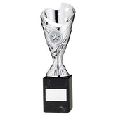 SILVER PLASTIC 'SABRE' CUP ON BLACK MARBLE ASSEMBLED TROPHY (1" CEN) - 9in - Optimum Teamwear