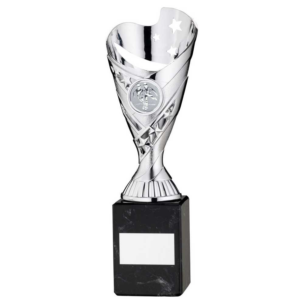 SILVER PLASTIC 'SABRE' CUP ON BLACK MARBLE ASSEMBLED TROPHY (1" CEN) - 9in - Optimum Teamwear