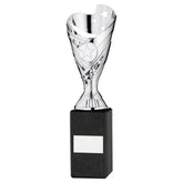 SILVER PLASTIC 'SABRE' CUP ON BLACK MARBLE ASSEMBLED TROPHY (1" CEN) - 10in - Optimum Teamwear
