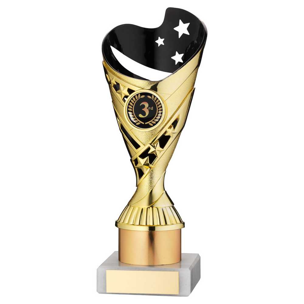 GOLD/BLACK PLASTIC 'SABRE' CUP ASSEMBLED ON MARBLE (1in CEN) - 8in - Optimum Teamwear