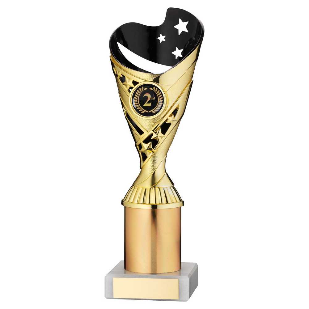 GOLD/BLACK PLASTIC 'SABRE' CUP ASSEMBLED ON MARBLE (1in CEN) - 9in - Optimum Teamwear